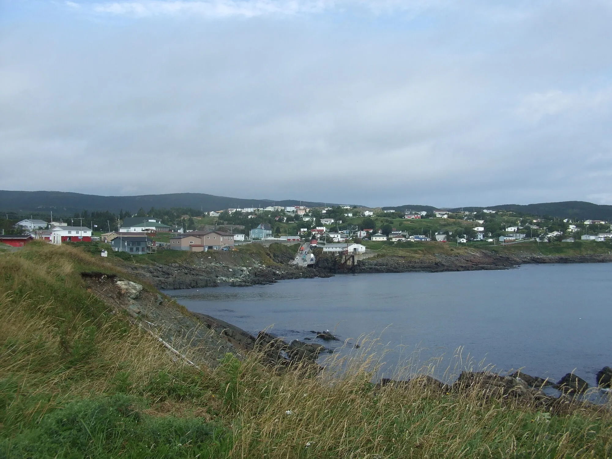 Pouch Cove seen across the water, houses along the far shore under a cloudy sky.