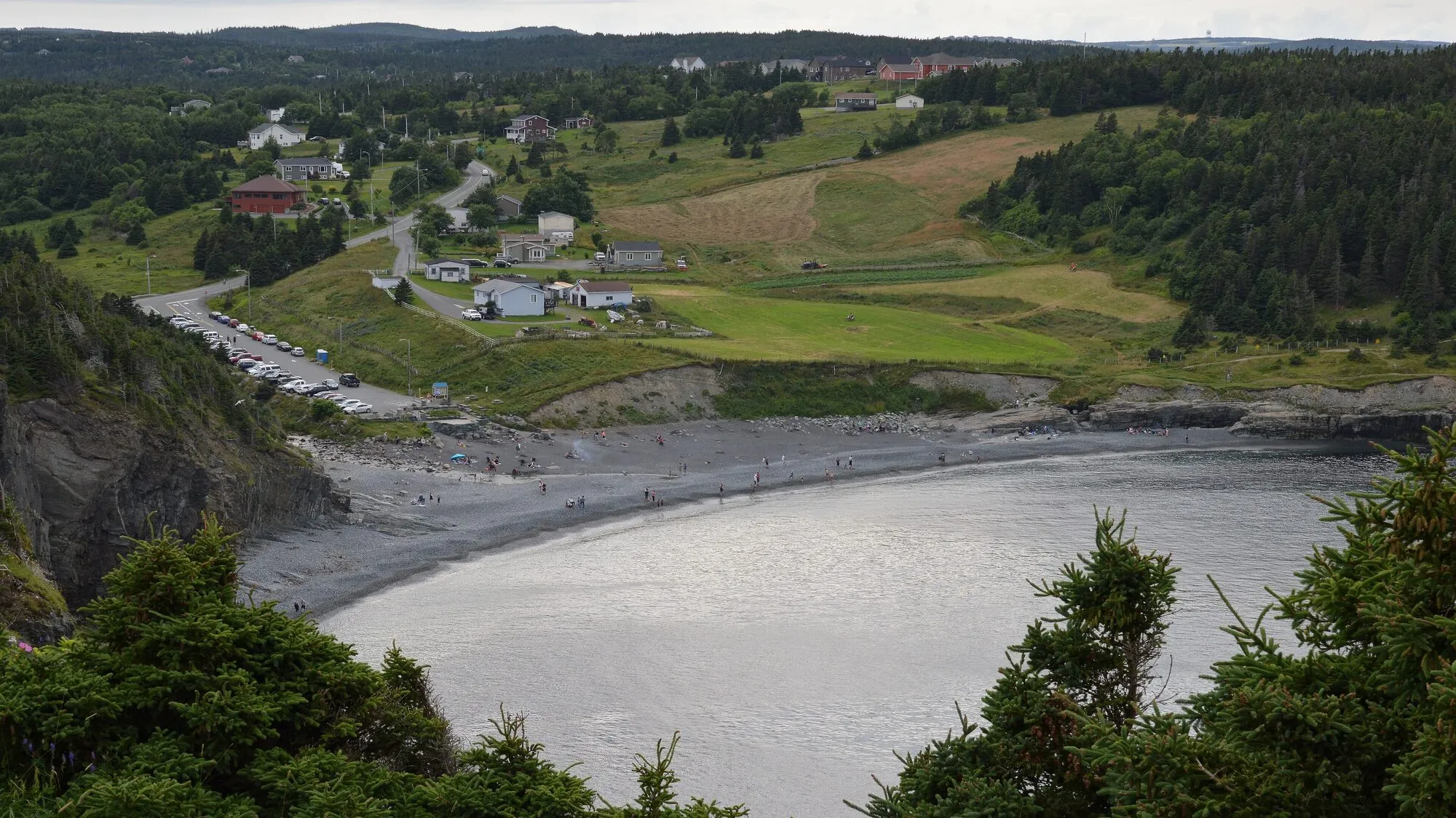 Middle Cove Beach from the cliff above: a curve of grey sand, fields and houses behind.