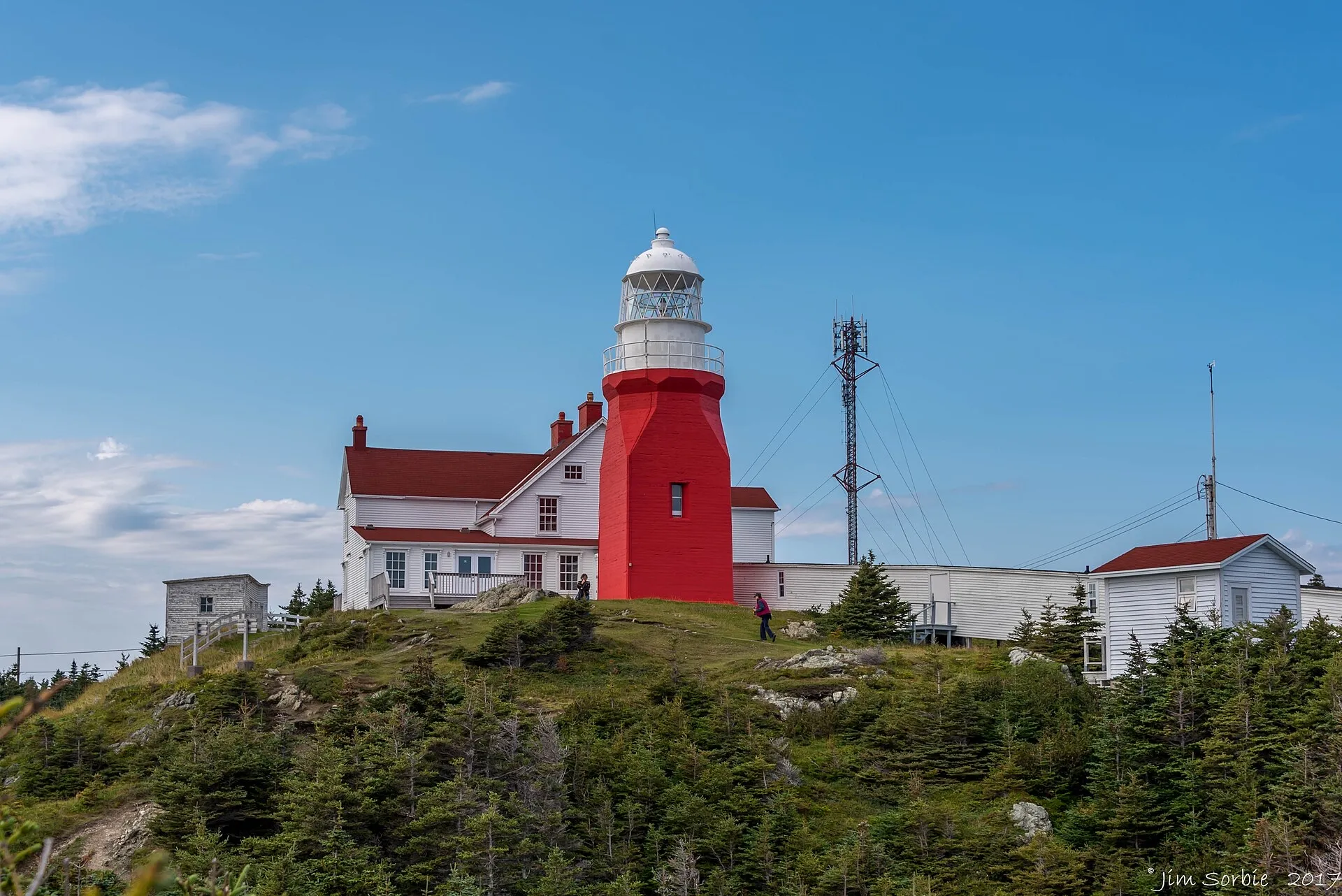 The red tower of Long Point Lighthouse and its white keeper's house on a green, spruce-covered hilltop above Twillingate, under blue sky.